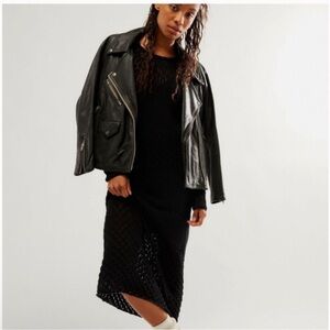 Elegant Black Knit Dress with Leather Jacket